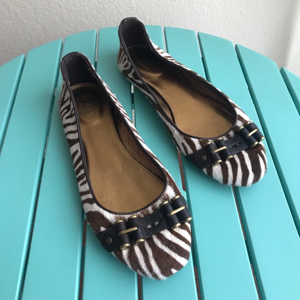 J. Crew Zebra Print Brown Leather Ballet Flats